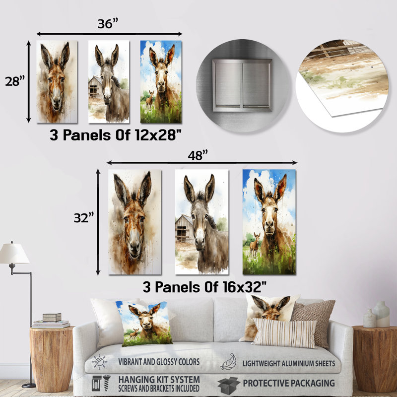 «Donkey Portrait Country Charm II», ensemble d'art mural en métal de 3 ânes, H 32 po x l 48 po