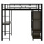 Un lit mezzanine en métal de taille simple qui est livré avec une armoire intégrée, un bureau et des étagères-106952698