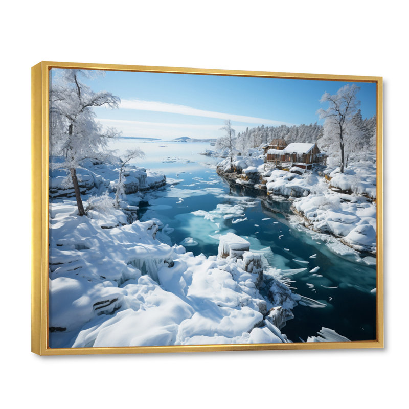Suède, archipel bleu glacier III, H 30 po x l 40 po x P 1,5 po, Cadre flottant doré
