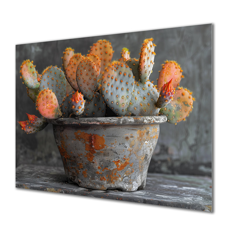 Décoration murale orange orange et vert en forme de cactus dans un vase II - cactus floral, H 16 po x l 32 po x P 1 po