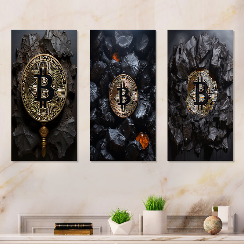 Black Bitcoin - ensemble abstrait d'art mural en métal de 3, H 28 po x l 36 po