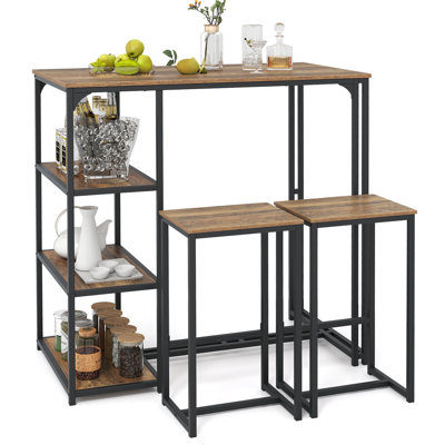 3-Piece Bar Table Set 2 Person Dining Furniture Set w/2 Stools 3 Storage Shelves