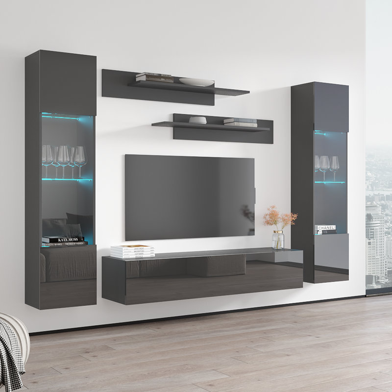 Volz 100" Modern Floating Wall Mounted Entertainment Center with 16-Color LED Lighting, High Gloss Finish, Gray