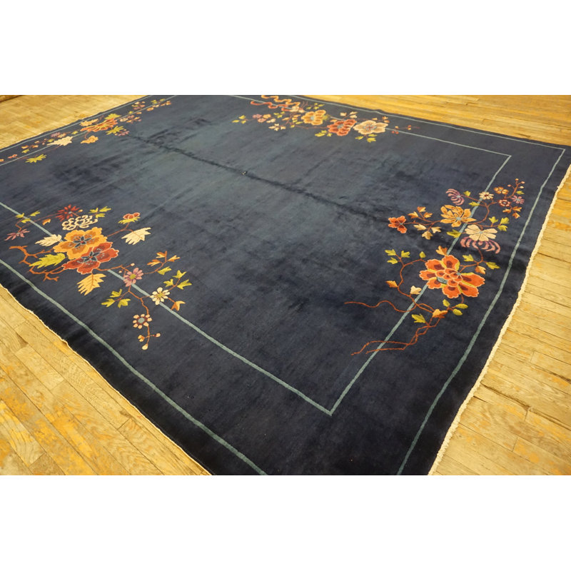Navy Blue Color Field Antique Floral Pattern Chinese Deco Rug