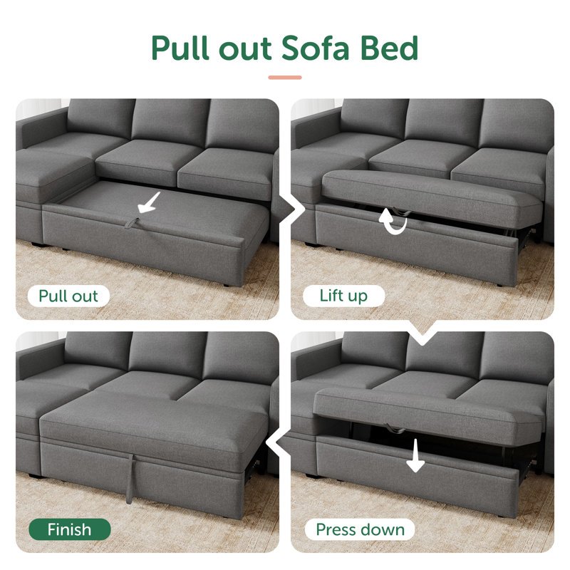 L-Shaped Sleeper Sectional Sofa with Storage, Light Gray Polyester