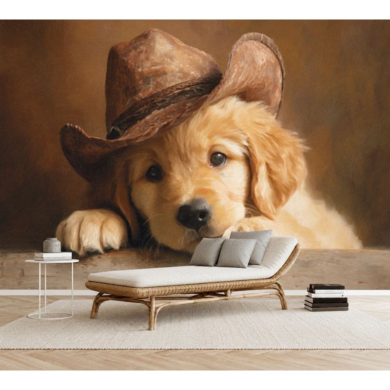 Papier peint adhésif peler et coller Golden Retriever Cowboy Hat, L 69 po x l 96 po