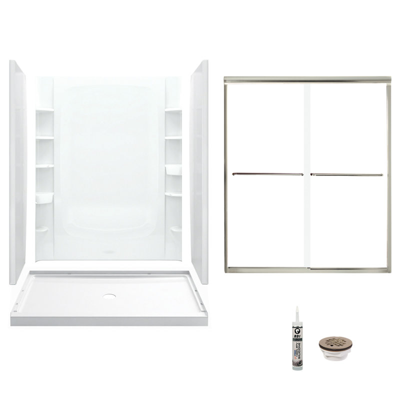 Ensemble de douche rectangulaire sans cadre de 60 po x H 75,75 po avec porte-serviettes et base inclus, Nickel, Blanc