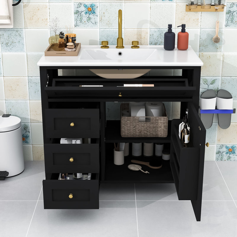 Meuble-lavabo 3 tiroirs avec lavabo, tablette réglable et tiroir basculant, Black