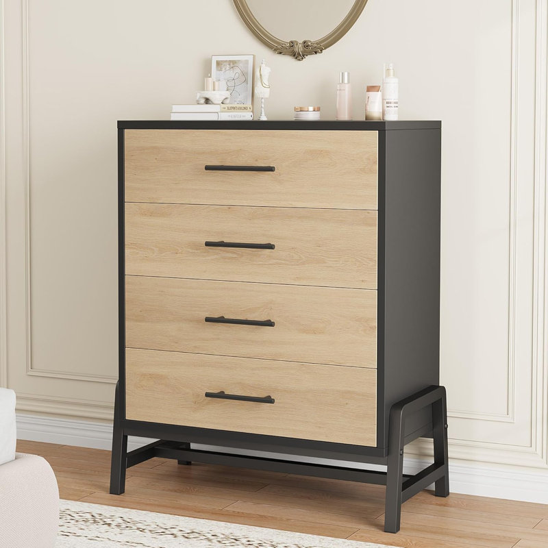 Commode haute 4 tiroirs avec rangement, commode autoportante en bois de 38,6 po pour la chambre à coucher, le salon et le vestibule