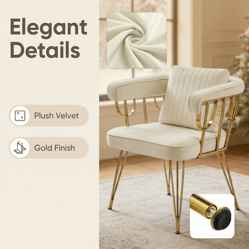 20.9' Wide Velvet Upholstered Accent Makeup Chair with Back & Solid Golden Legs, Beige