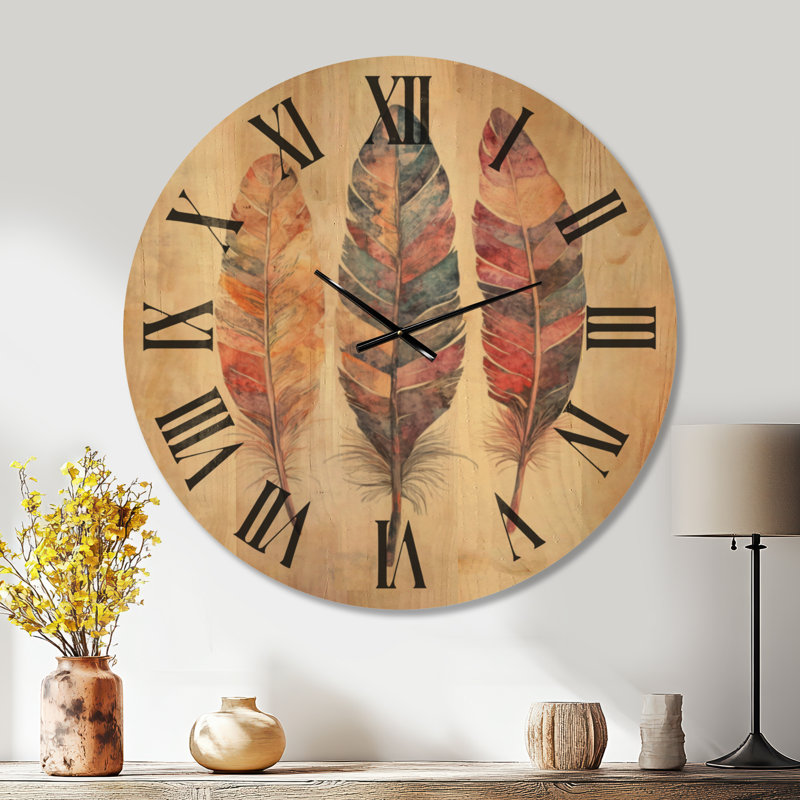 Très grande horloge murale en bois Boho - Free Spirit Feathers, Oversized