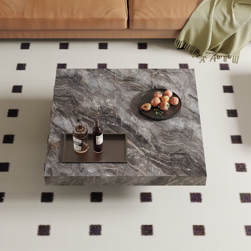 42'' Modern Square Coffee Table, Luxurious Marble Coffee Table with Stainless Steel Legs and Tray, Black
