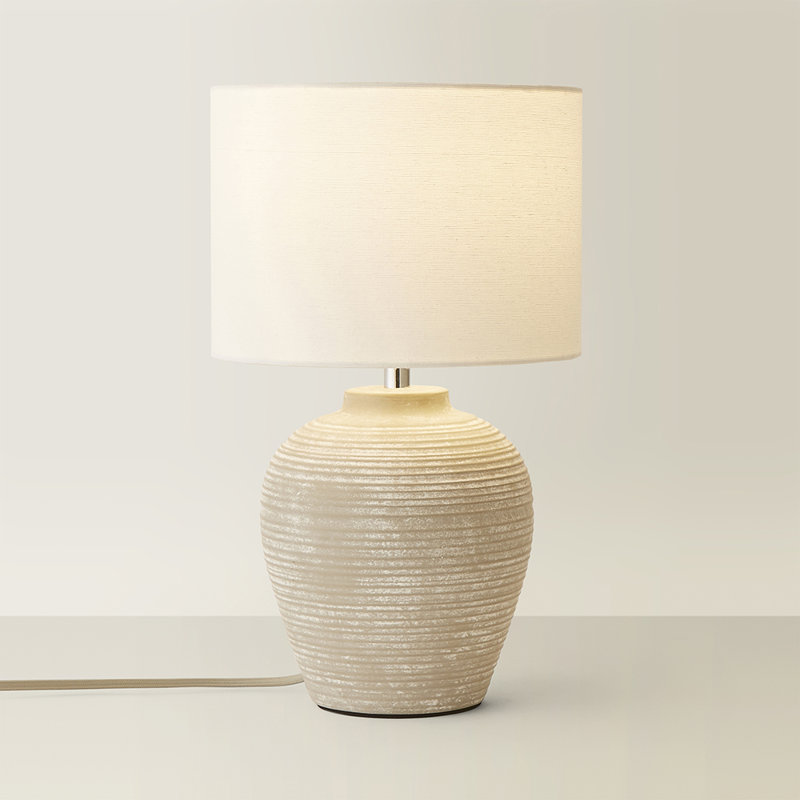 Takefumi Linen Drum Lamp Shade Stone Grey Ribbed Ceramic Small Table Lamp with Bulb, 37.5cm H x 22cm W x 22cm D