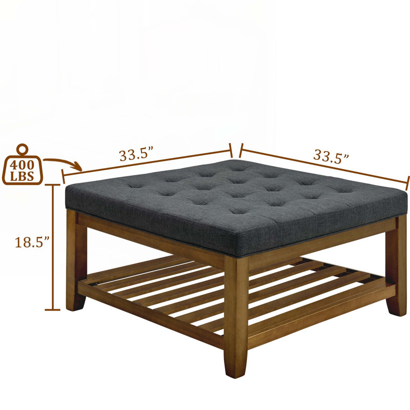 Upholstered Coffee Table Tufted Linen Large Square Ottoman with Beech Wood Shelf, Dark Gray