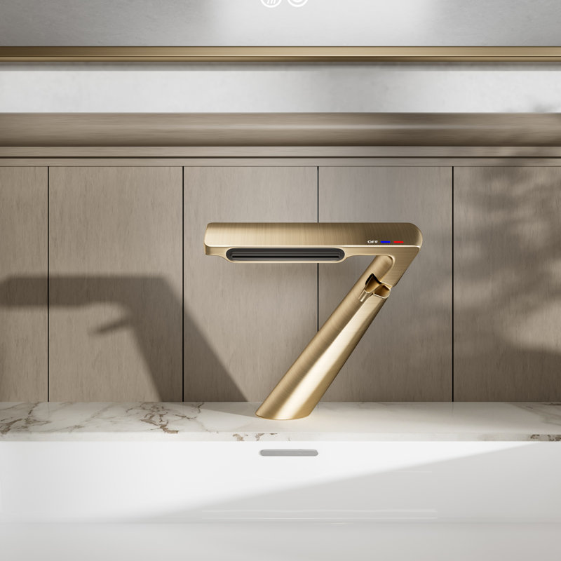 6.2"H Solid Brass Single Hole Bathroom Sink Faucet Waterfall Bathroom Faucet with Adjustable Aerator, Brushed Gold
