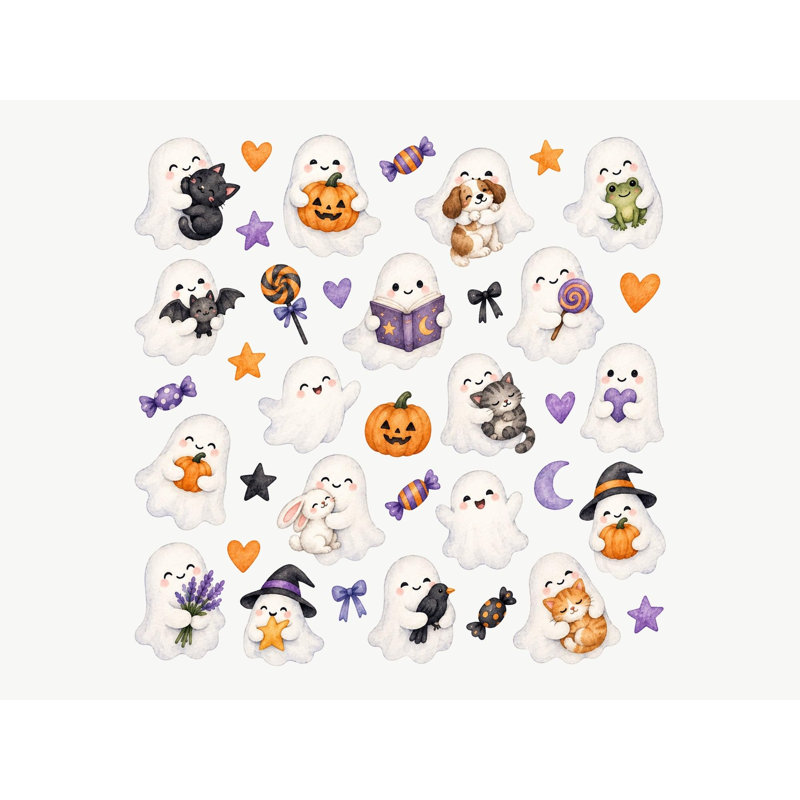 Ghost And Friends Wall Decals, Set of 37 Peel and Stick Nursery Wall Stickers, Satin Finish Removable Kids Room Wall Art, 20"W x 20"H (50 x 50 cm)