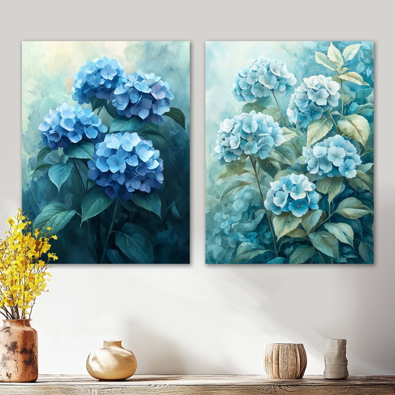 Hydrangea Blossom Harmony I - Blue Botanical, impression murale en métal 2 pièces, 32" H x 48" W