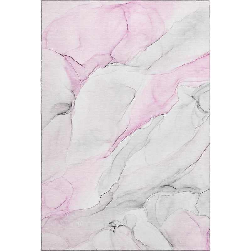 3' X 5' Pink And Ivory Abstract Washable Area Rug With UV Protection