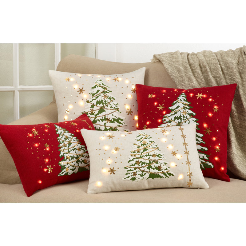 Ivory Square LED Christmas Tree Pillow with Sequins, 18"