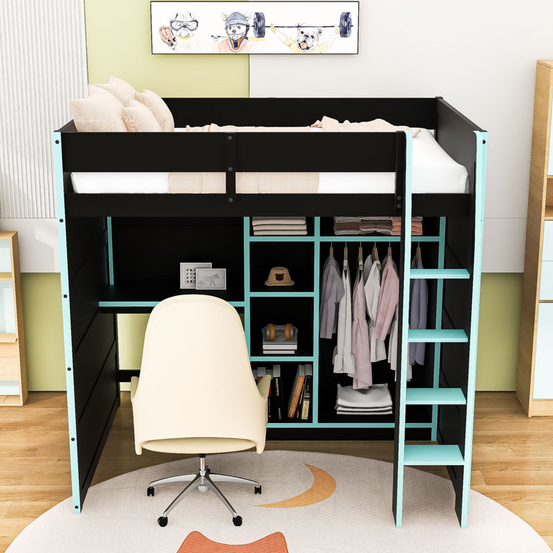 Loft Bed With Desk, Wardrobe And RGB Lights, Cloud Blue