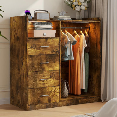 Brown 4-Drawer Wardrobe Closet Organizer with LED Lights & Charging Station - Large Hanging Closet with Open Shelves, Modern Bedroom Storage Cabinet