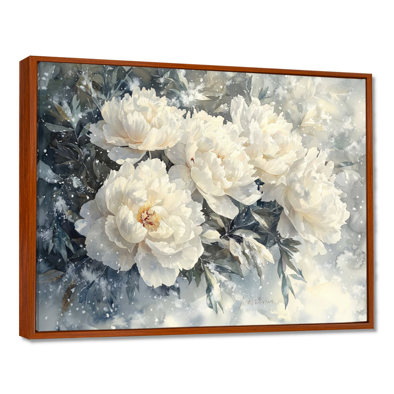«Snow Draped Peony Blooms II» - pivoines, art mural, H 24 po x l 32 po, Cadre flottant brun