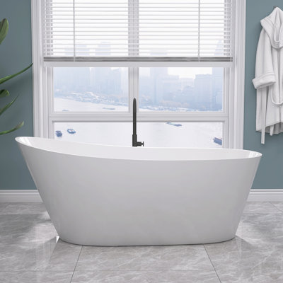 55 In. W × 29 In. D × 27 In. H White Freestanding Bathtub Acrylic Multi-Layer Construction With Drain Overflow 55 Gallon Capacity