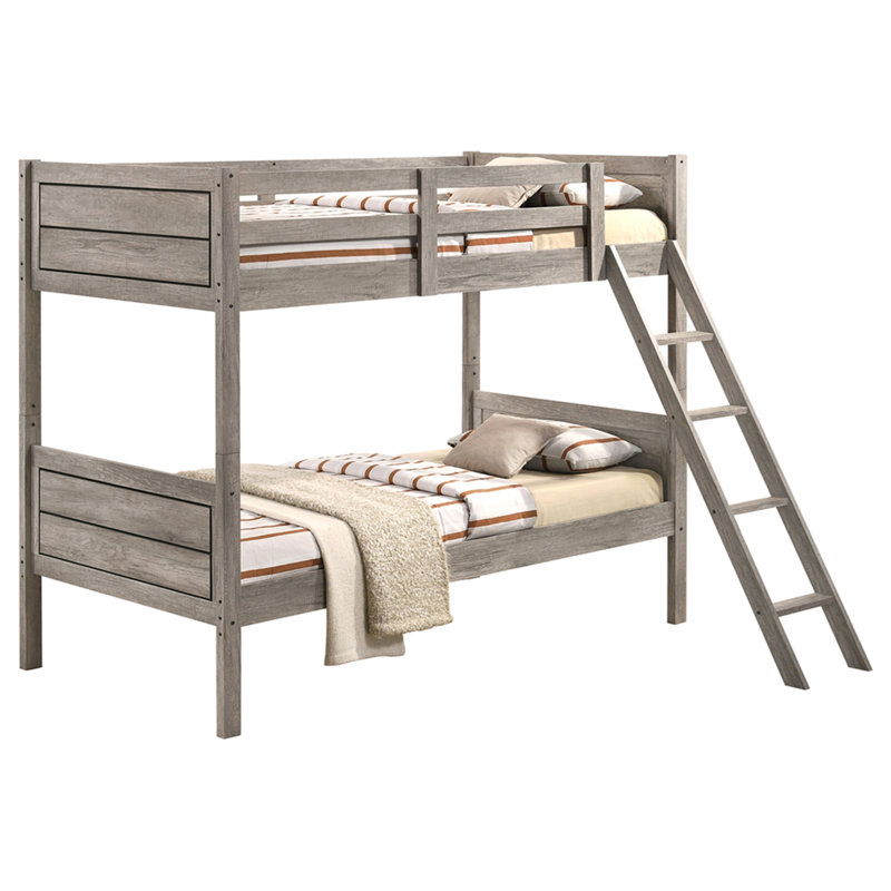 Lit superposé simple avec matelas en bois taupe vieilli Clemens