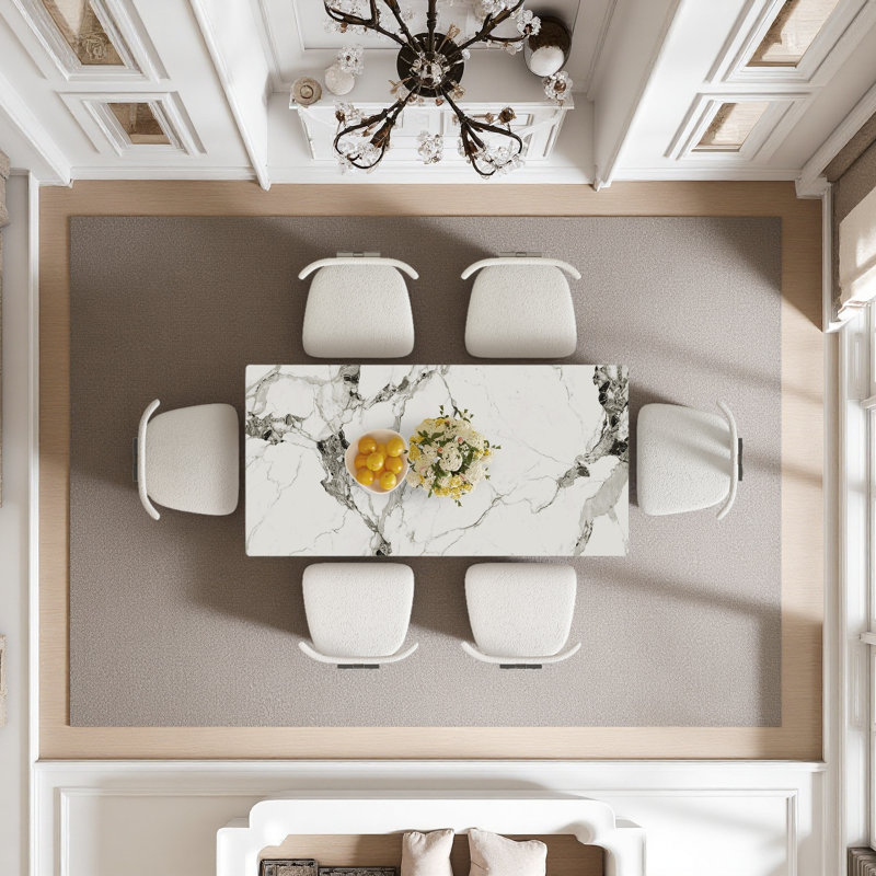 Ensemble de table de salle à manger moderne 63 "pour 4 à 6 personnes avec rangement, plateau en pierre brûlée et base en bois massif doré, comprenant 6 chaises en velours blanc