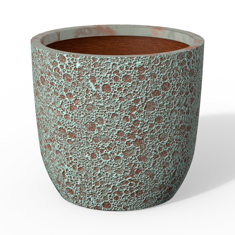 14 in. Medium Blue Patina(Enhanced Interior) Concrete Round Planter / Pot with Drainage Holes, 12.6" H x 13.39" W x 13.39" D
