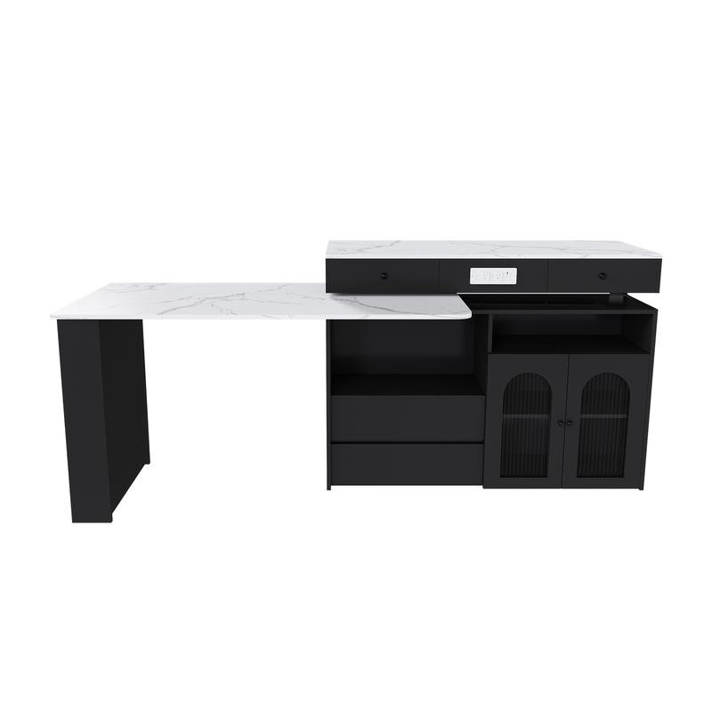 Kitchen Island with Extendable & Rotating Table, MDF with Marble Veneer Retro Design, 4 Drawers & Glass Door Cabinets with Built-in Socket, Expandable Dining Station for 2-4 Person