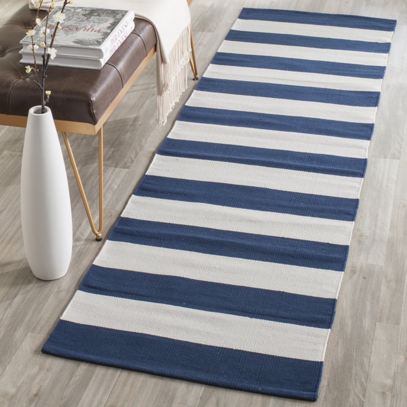 Brookvale Striped Handmade Flatweave Cotton Navy/Ivory Area Rug, Runner 2'3" x 6'
