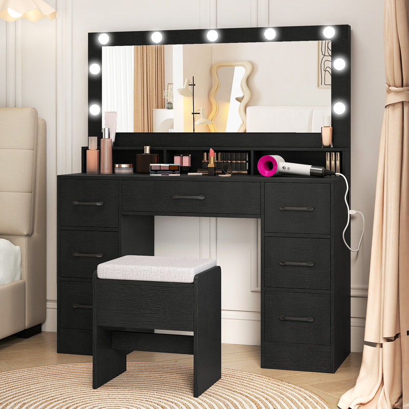 Vanity Desk w/Mirror & Lights Power Outlets 3 Color Lighting Modes 7 Drawers