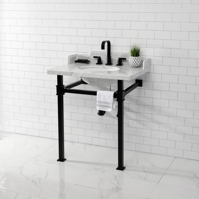 Kingston Brass Viceroy 30-Inch Carrara Marble Console Sink with Stainless Steel Legs (8-Inch, 3-Hole)
