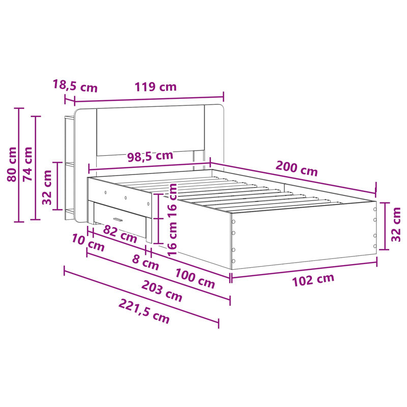 Bed, Sonoma Oak, European Single (90 x 200 cm)