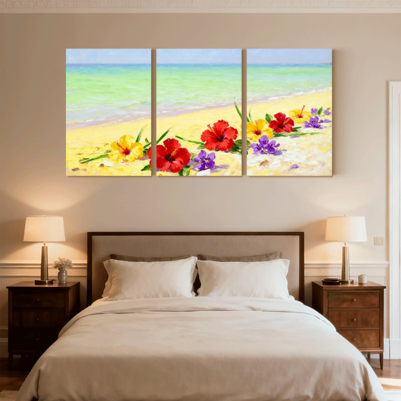 Plage, plage, fleurs, océan, ciel, sable, couleurs vibrantes, scène tropicale, ensemble de 3 impressions sur toile