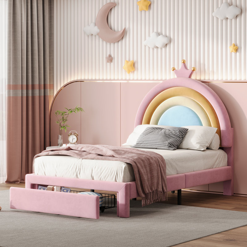 Lit plateforme simple tapissier arc-en-ciel avec tiroir de rangement, cadre de lit en velours princesse, aucun sommier nécessaire, rose