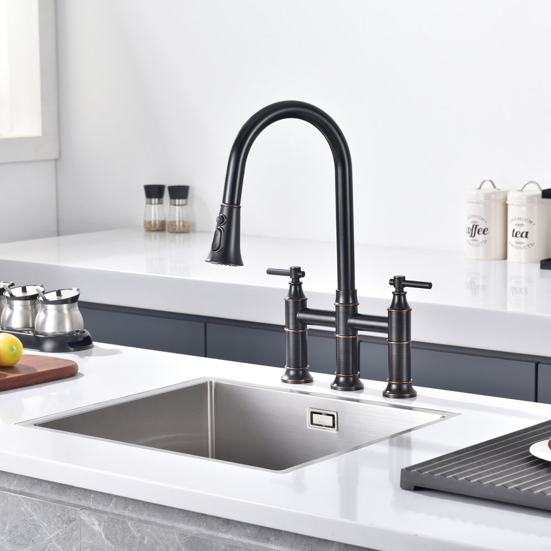 Sumerain Kitchen Sink Faucet, 2 Handle Deck Mount Bridge Pull-out Kitchen Faucet, SWF6119PQ-XX sumerain 