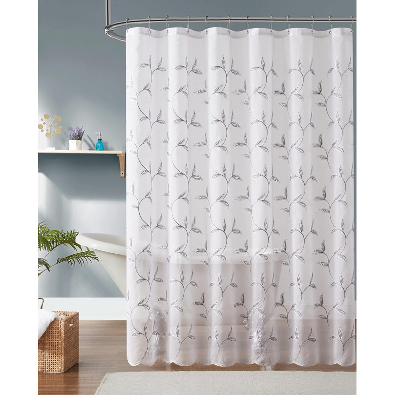 Panneau de rideau de douche en imitation lin transparent avec broderie rustique de feuilles cousues, 72" H x 72" W