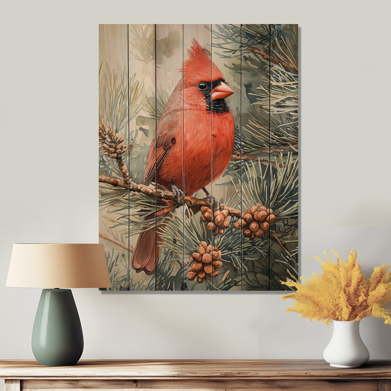 Oiseau cardinal parmi les pins I - Art mural en bois oiseau - sur bois de pin naturel, H 44 po x l 34 po x P 0,78 po