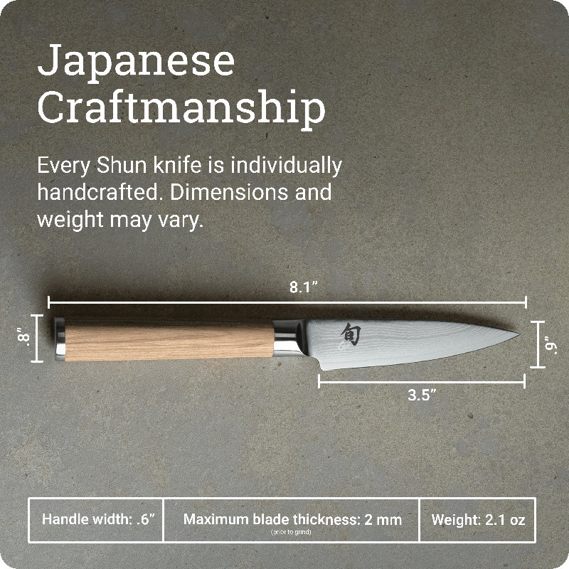 Shun Classic Blonde 3.5" Paring Knife, Handcrafted Japanese Vegetable & Fruit Knife, VG-MAX Core with Damascus Stainless Steel Cladding, Pakkawood Handle, Small Tool for Peeling, Coring & Cutting