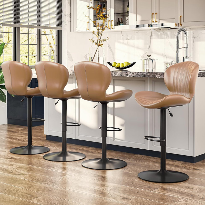 Beige Faux Leather Adjustable Swivel Bar Stools Set of 2