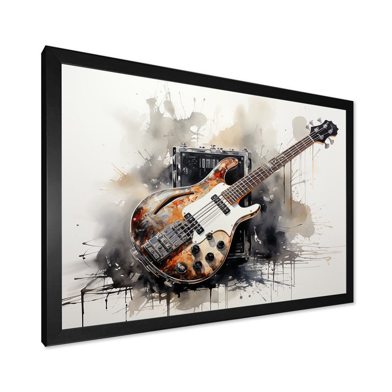 «Brown Charcoal Guitare», art mural sur toile, Cadre d'angle fermé noir, H 24 po x l 32 po x P 1 po