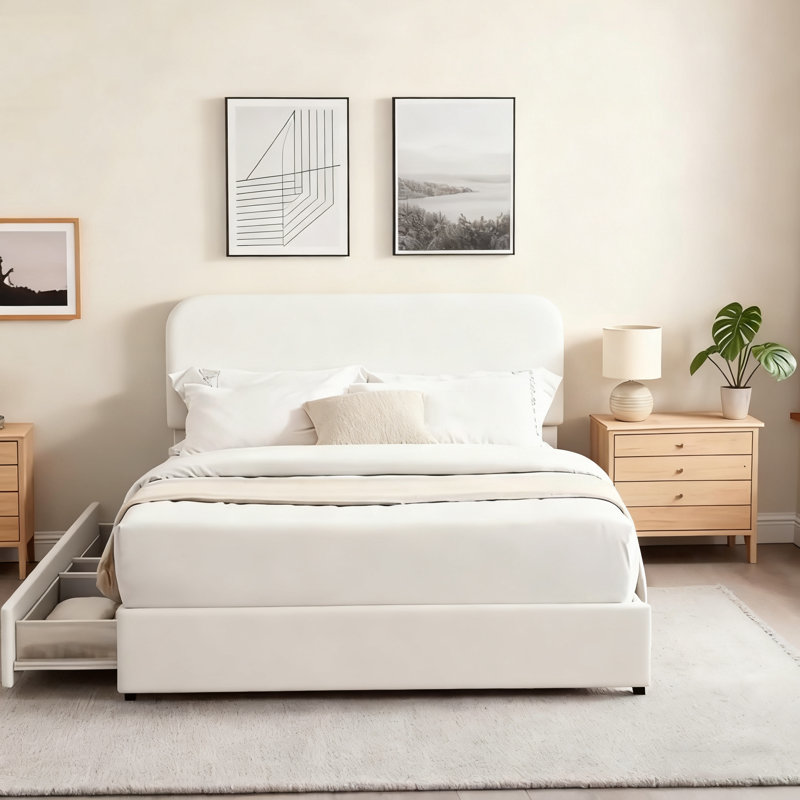 Lit plateforme tapissier avec rangement breveté à 2 tiroirs, tête de lit capitonnée à coutures courbées, sommier à lattes en bois, aucun sommier requis