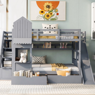 Full-Over-Full Castle Style Bunk Bed with 2 Drawers 3 Shelves and Slide - Gray