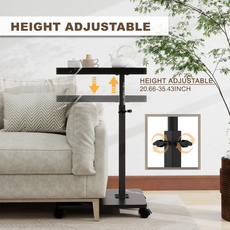 Adjustable Height C Table With 360° Swivel Wheels, Slide Under Sofa Side Table, Sturdy C-Shaped End Table For Living Room, Bedroom, And Small Spaces