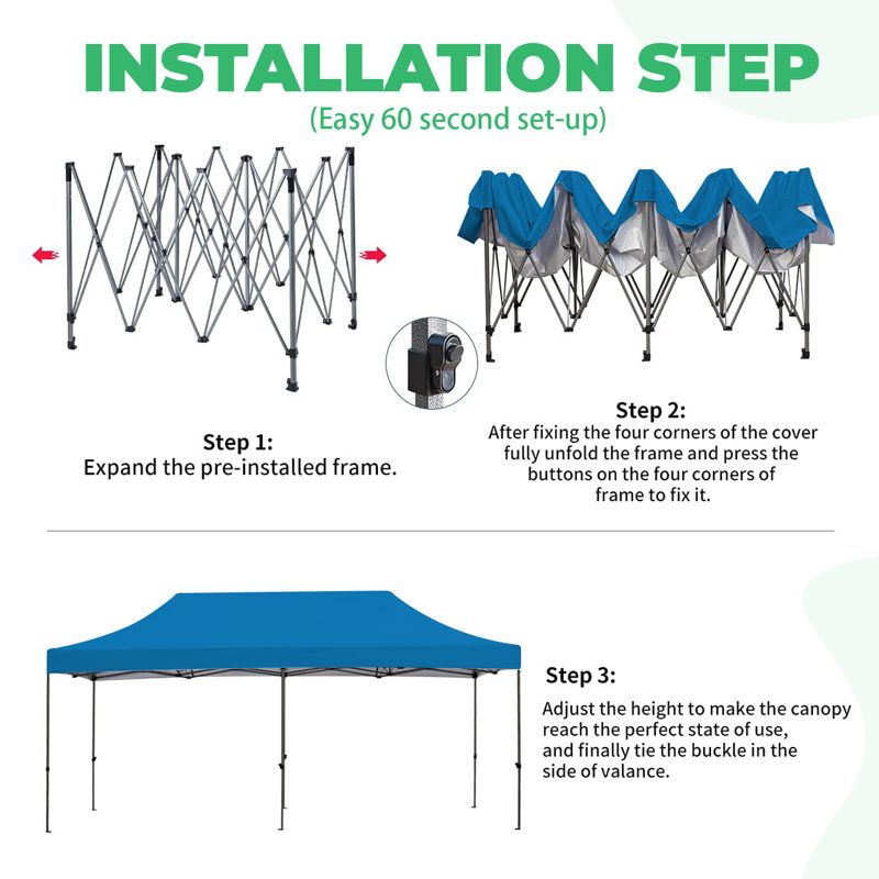 EROMMY 10' x 20' Blue Steel Pop-Up Canopy Tent with Roller Bag