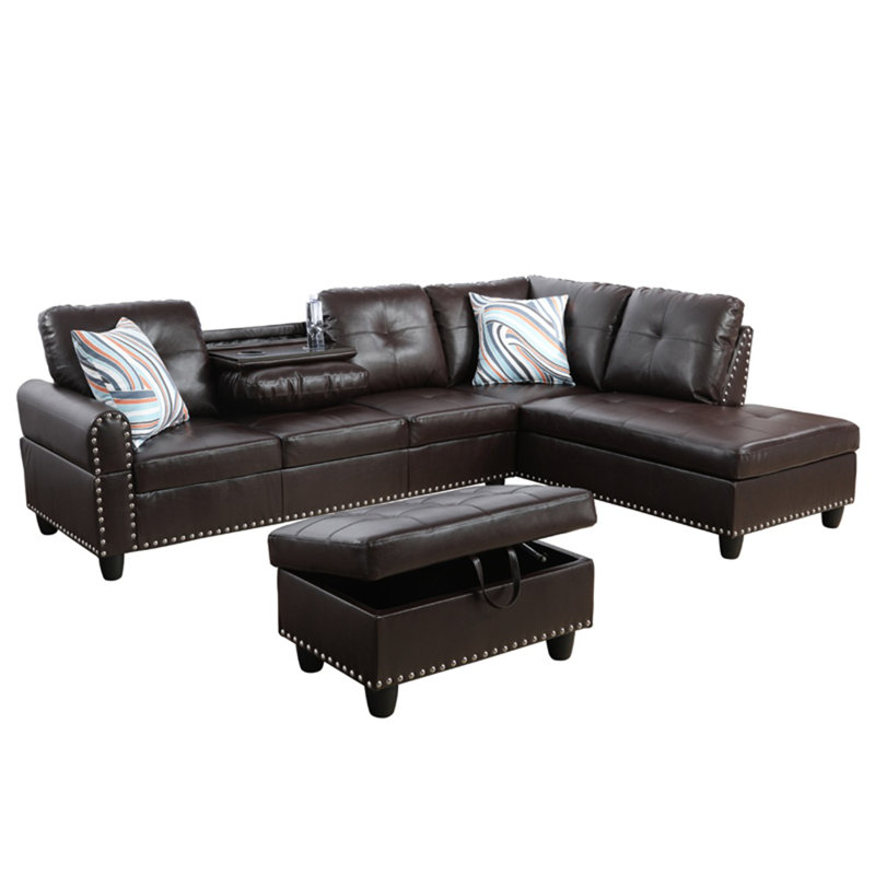 Aamanah 97"Faux Leather Sectional with Ottoman, Brown Faux Leather, Right Hand Facing