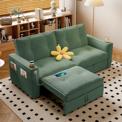 Canapé-lit convertible de 72,6 pouces, canapé-lit moderne en tissu velours côtelé avec ports de chargement USB, poches de rangement latérales et cadre en acier robuste pour le salon et les petits espaces