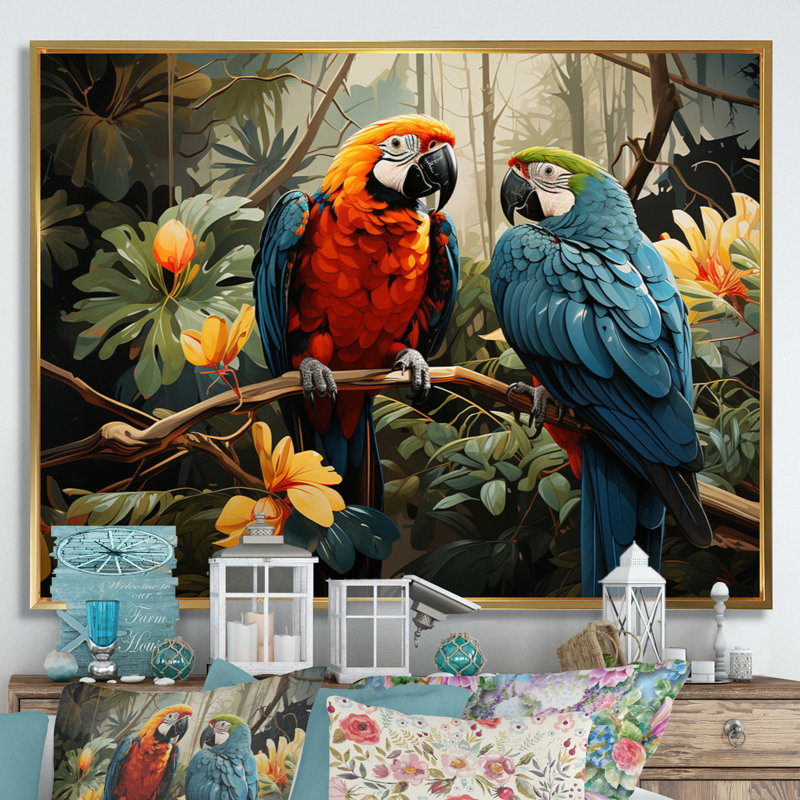 «Tropical Parrot Plumage I», art mural grand perroquet, H 16 po x l 32 po x P 1 po, Cadre flottant doré